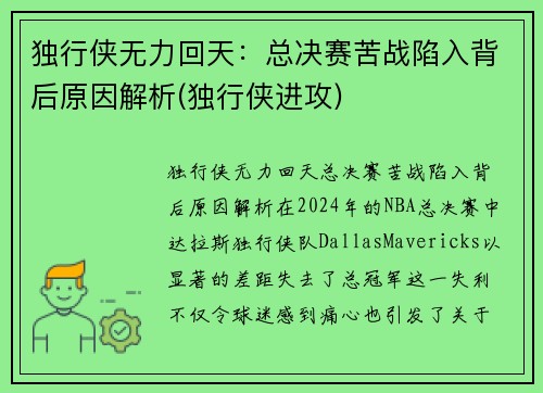 独行侠无力回天：总决赛苦战陷入背后原因解析(独行侠进攻)