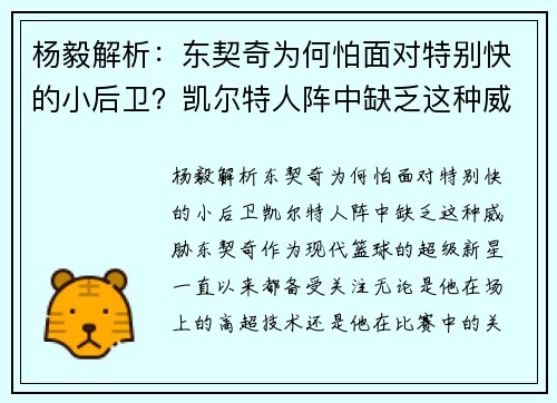 杨毅解析：东契奇为何怕面对特别快的小后卫？凯尔特人阵中缺乏这种威胁