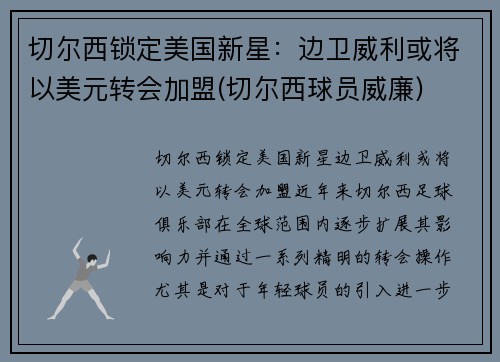 切尔西锁定美国新星：边卫威利或将以美元转会加盟(切尔西球员威廉)