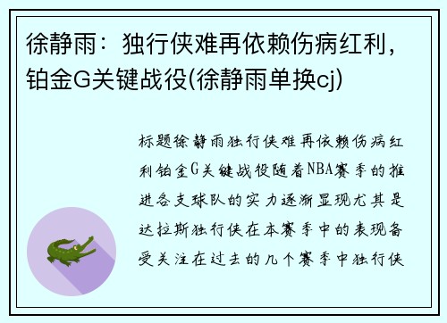 徐静雨：独行侠难再依赖伤病红利，铂金G关键战役(徐静雨单换cj)