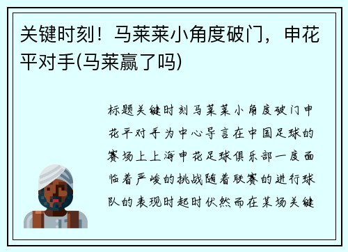 关键时刻！马莱莱小角度破门，申花平对手(马莱赢了吗)